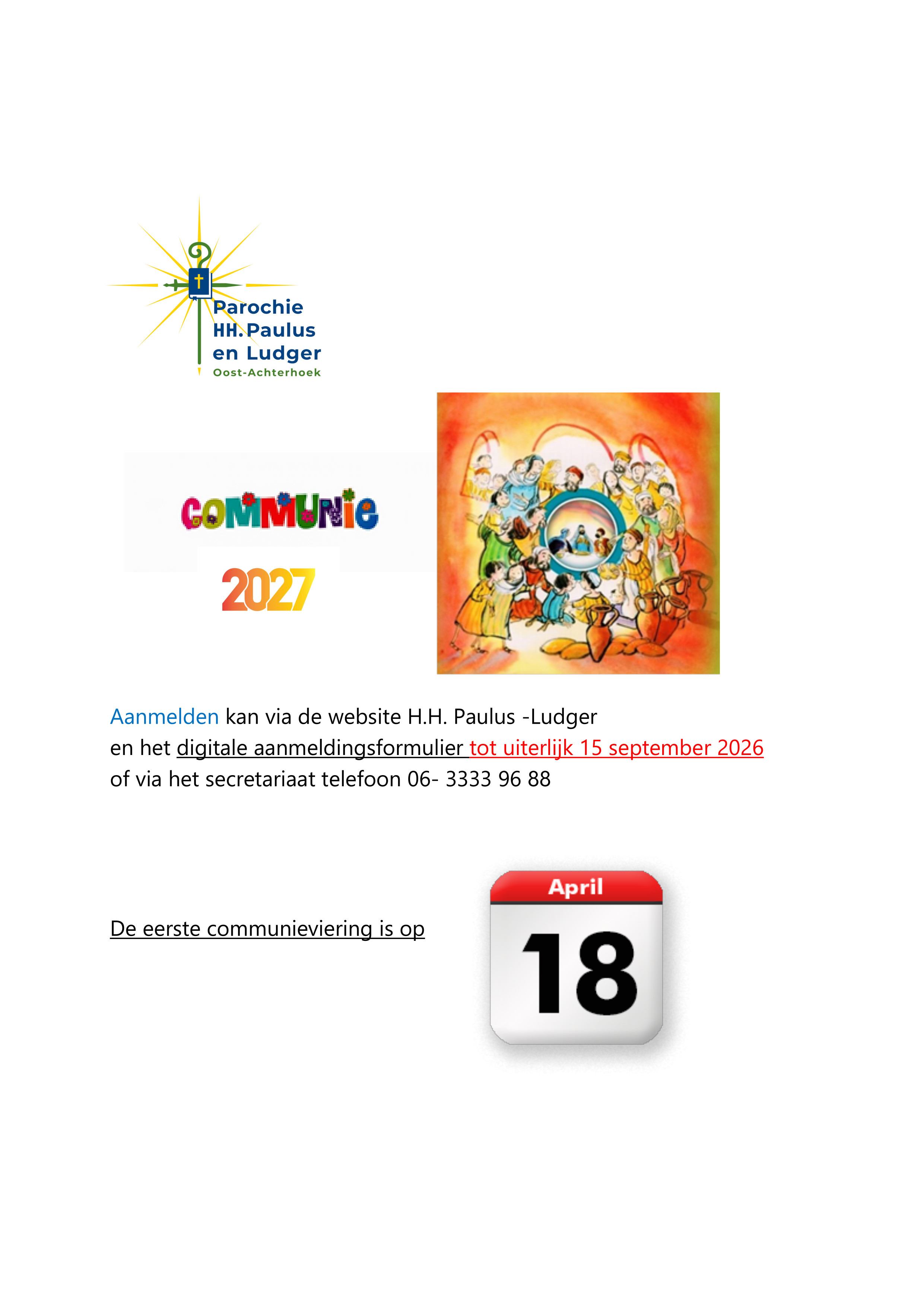 Aanmelden voor eerste communie voor april 2027